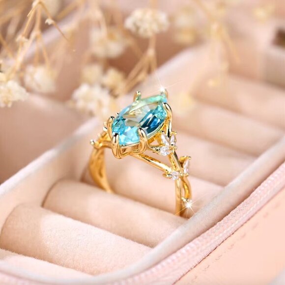 14k Gold Aquamarine Diamond Ring Marquise Cut Statement Cocktail Ring - Picture 4 of 5